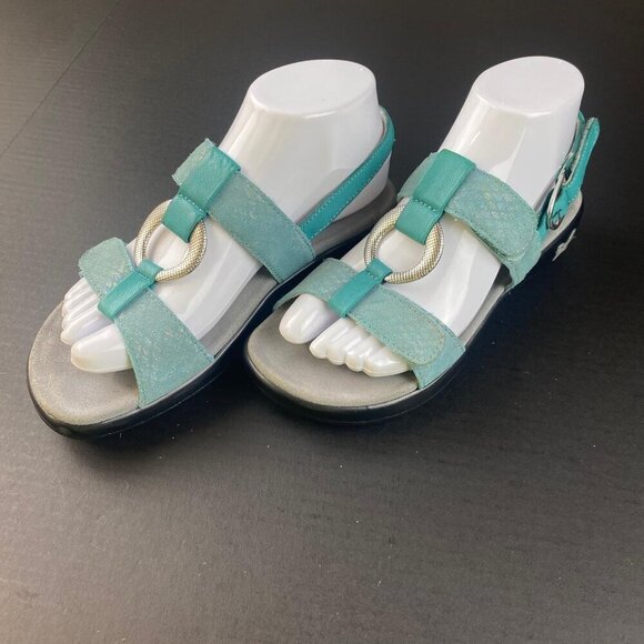 Alegria Women Leather Sandals‎ Sz 7 Teal & Silver Straps Comfortable Buckle used - Picture 1 of 16